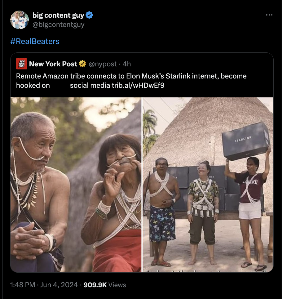 tourism - big content guy New York Post Remote Amazon tribe connects to Elon Musk's Starlink internet, become social media trib.alwHDwEf9 hooked on Views